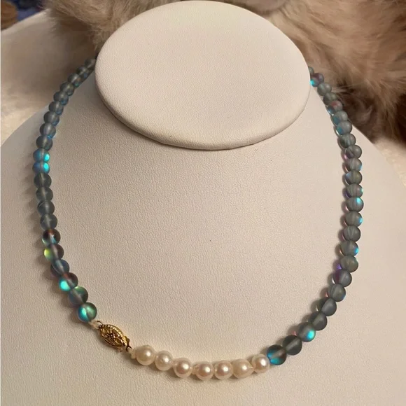 Rainbow Moonstone Pearl 14K Yellow Gold Clasp Strand Necklace